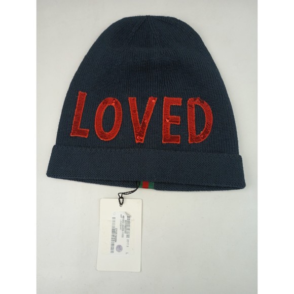 Gucci Dark Blue Wool Knit Red "LOVED" Sequin Patches Beanie Hat L/58 481356 4000